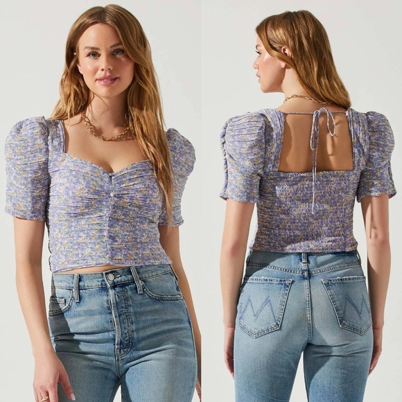 Astr Tops - ASTR The Label Floral Pintuck Pleated Crop Top Puff Sleeves Size Small NWOT